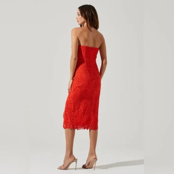 ASTR Orange Lace Cocktail Strapless Midi Dress Sz L Sweetheart Bustier Formal - Picture 9 of 11